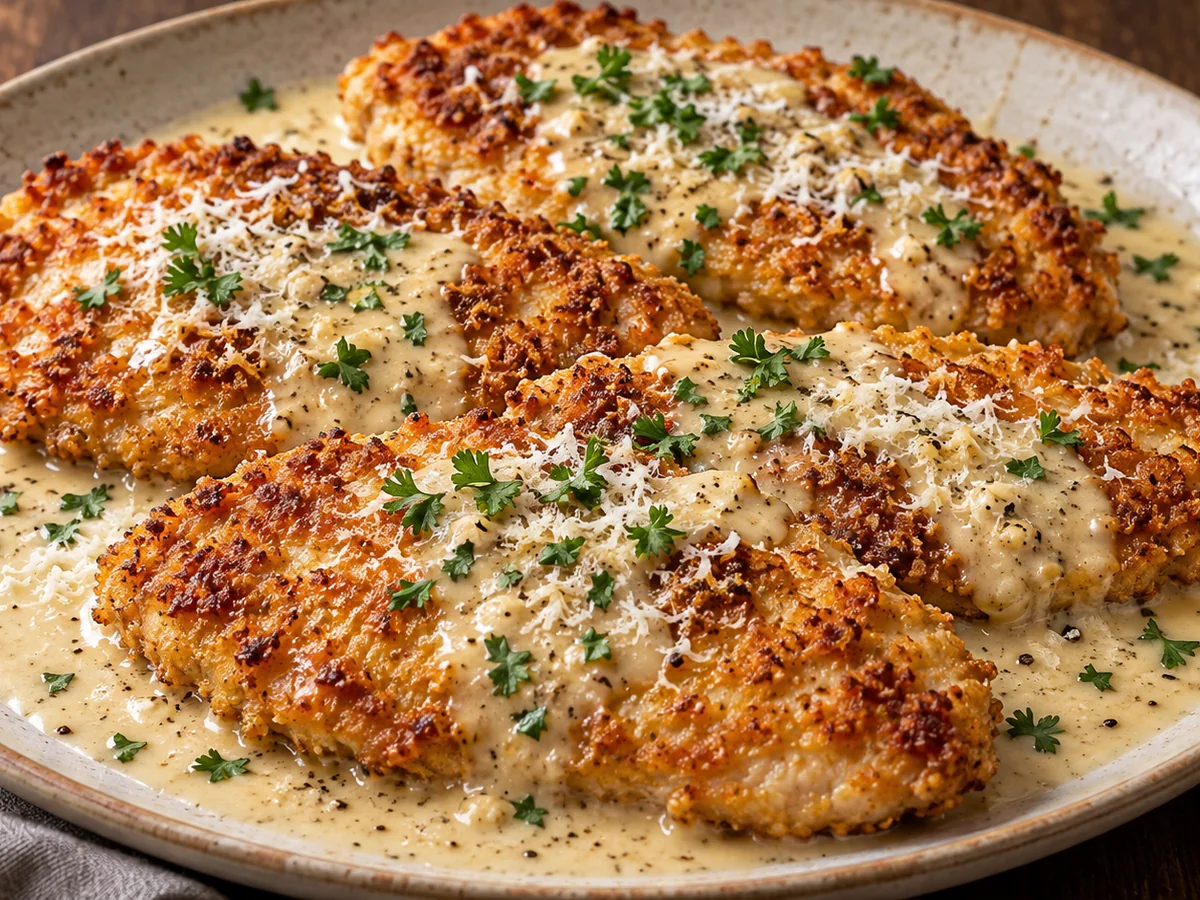 Crispy Parmesan Chicken with a Rich Garlic Sauce