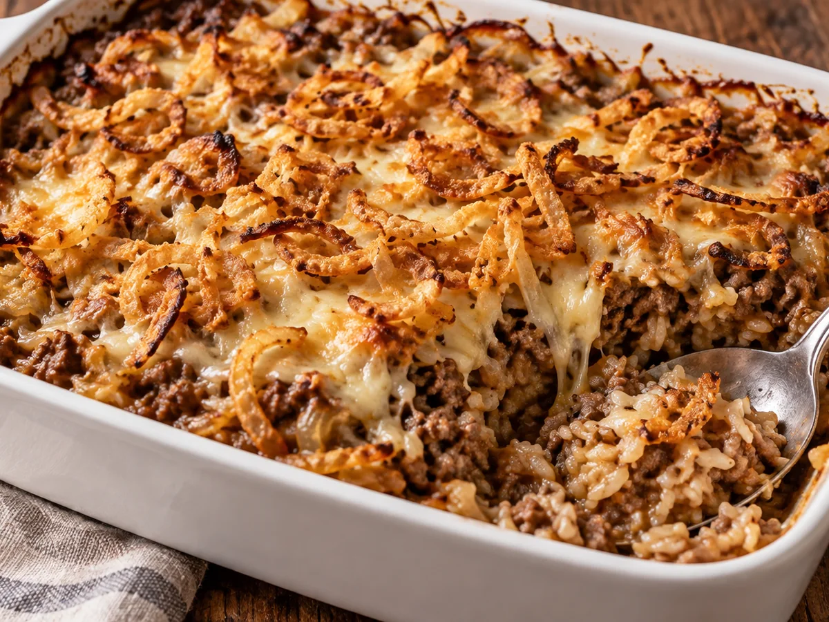 French Onion Ground Beef and Rice Casserole